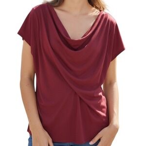 Stella Carakasi Women's Top Drape Neck Short Sleeve Blouse Maroon Large $189